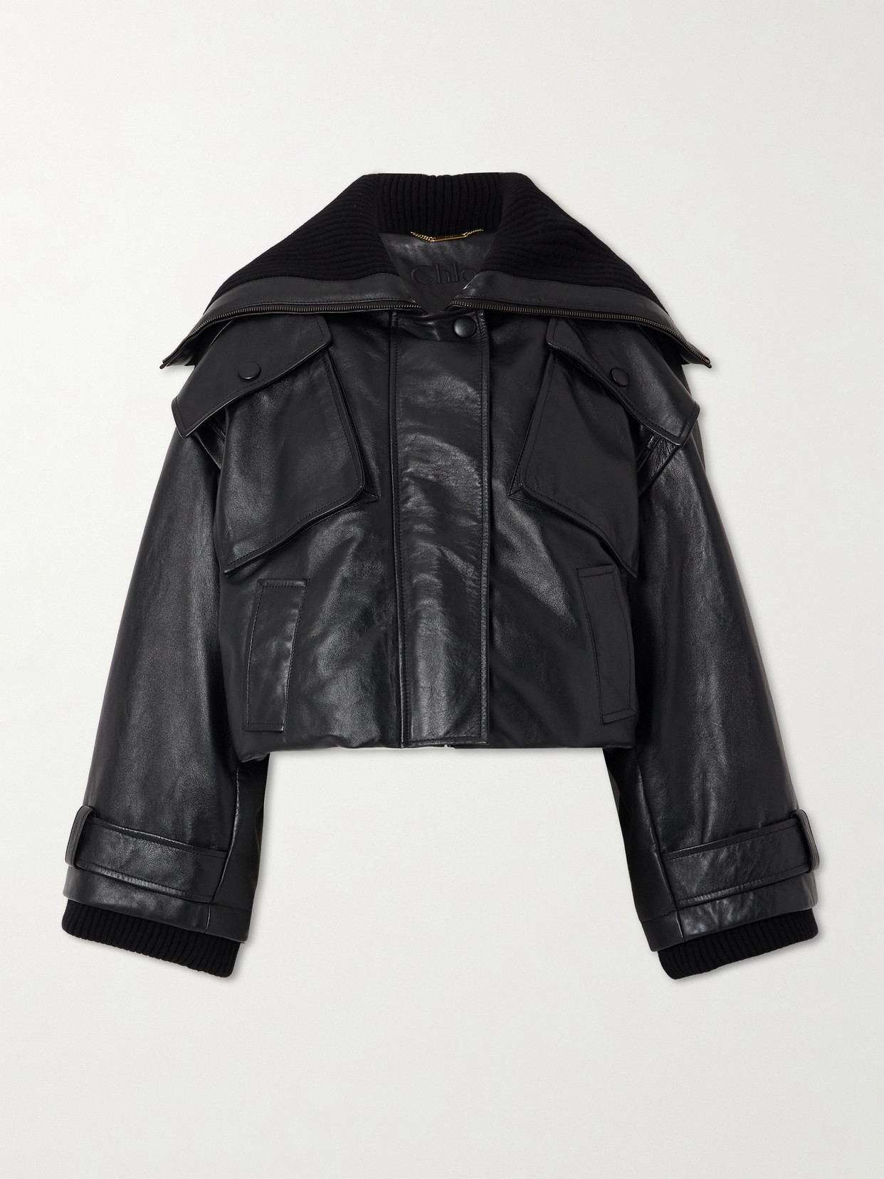 Chloé Ribbed Knit-trimmed Leather Bomber Jacket In Black