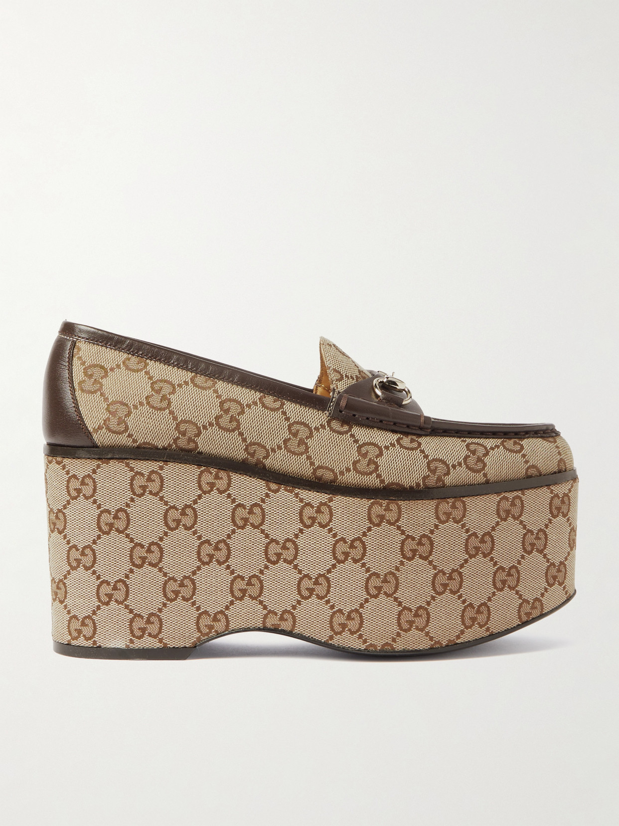 Gucci Horsebit Leather-trimmed Canvas-jacquard Platform Loafers In Neutrals