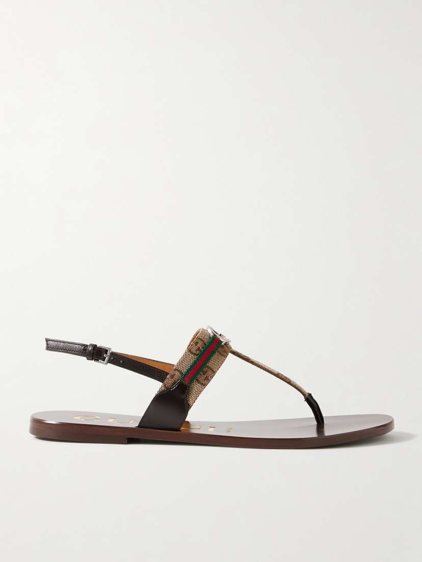 Gucci Kika Logo-embellished Webbing And Leather-trimmed Canvas-jacquard Sandals