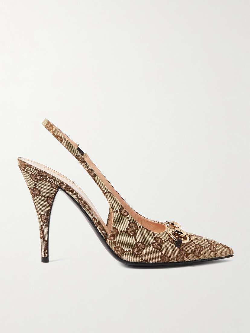 Gucci Erin Horsebit-embellished Canvas-jacquard Slingback Pumps