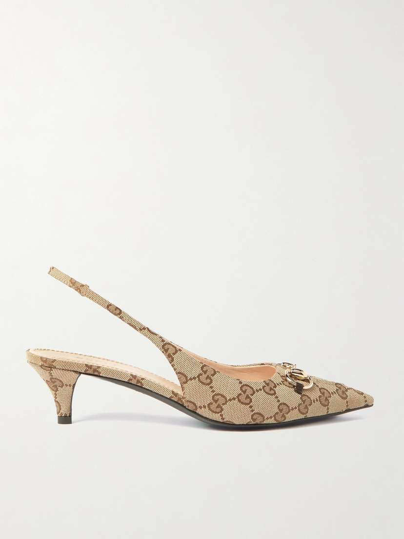 Gucci Erin Horsebit-embellished Canvas-jacquard Slingback Pumps