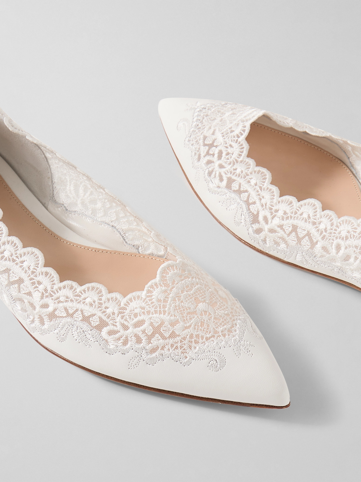 GIANVITO ROSSI EVIE LACE-TRIMMED LEATHER POINT-TOE FLATS