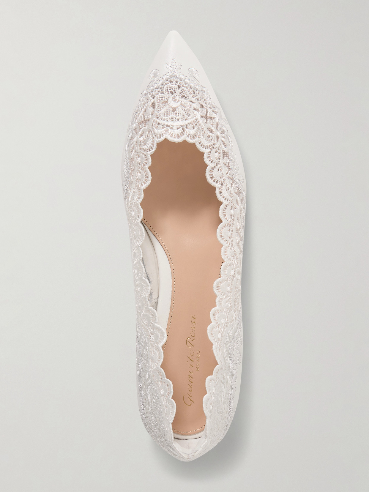 GIANVITO ROSSI EVIE LACE-TRIMMED LEATHER POINT-TOE FLATS