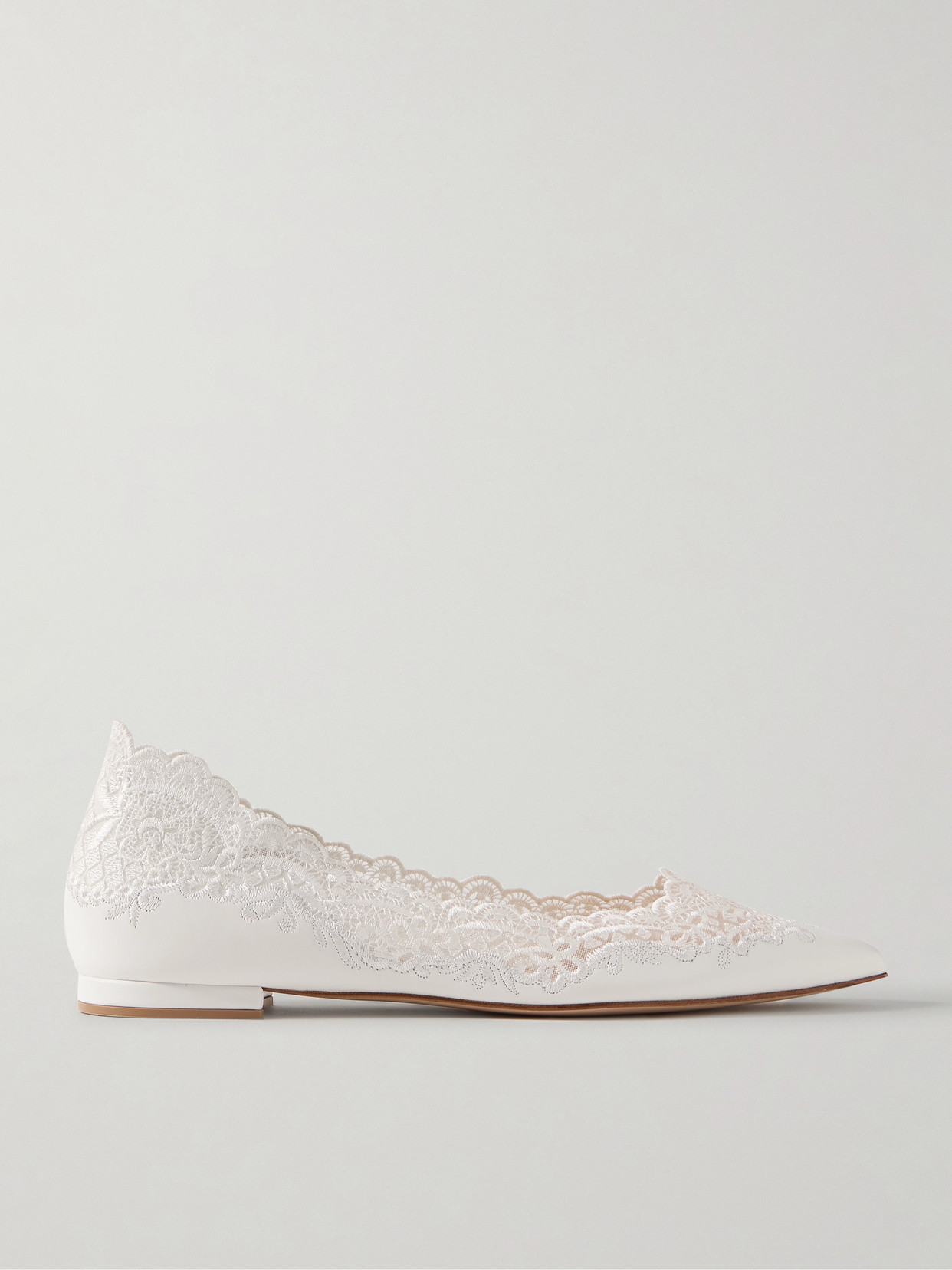 Gianvito Rossi Lace-trimmed Leather Point-toe Flats In White