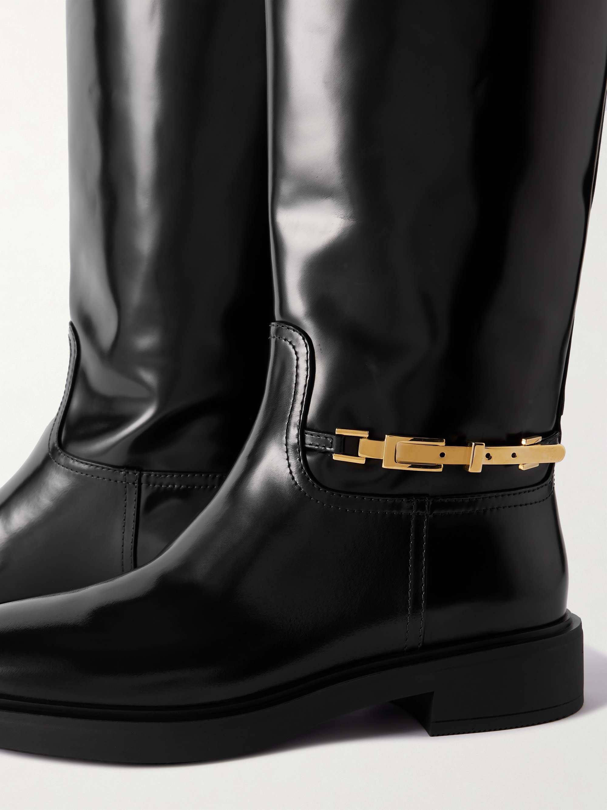 Buckle embellished glossed leather boots