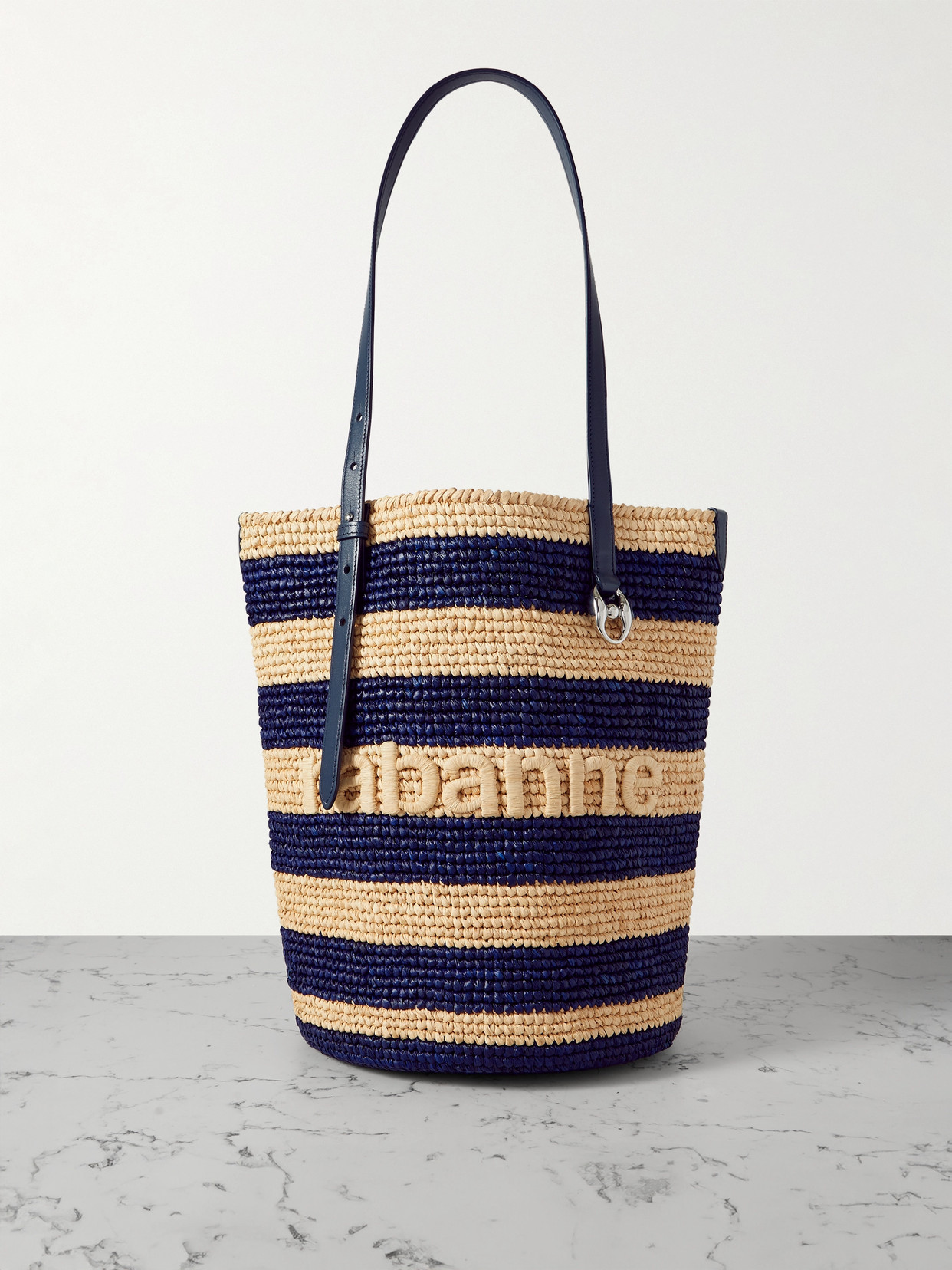 Rabanne Leather-trimmed Logo-embroidered Striped Raffia Tote In Black