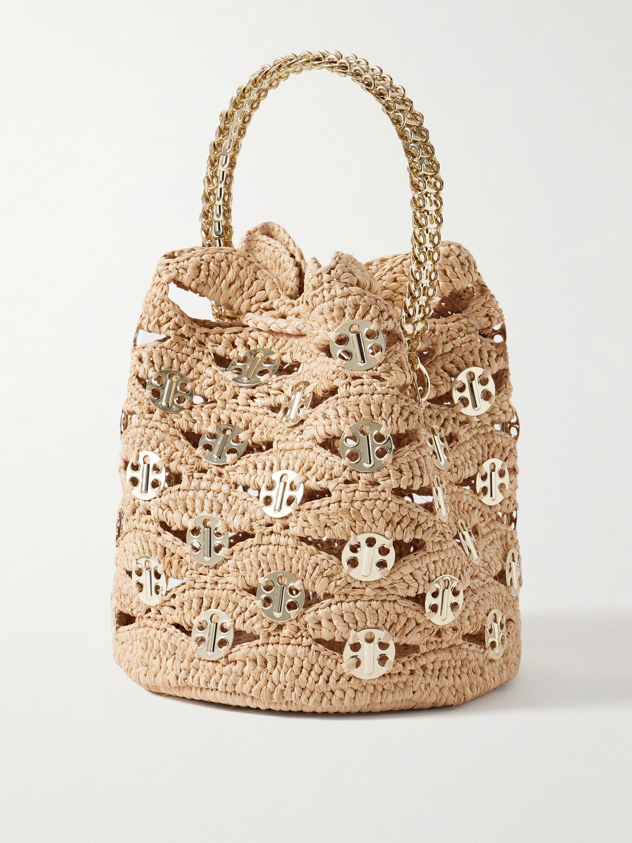 Rabanne Chainmail-embellished Raffia Bucket Bag In Gold