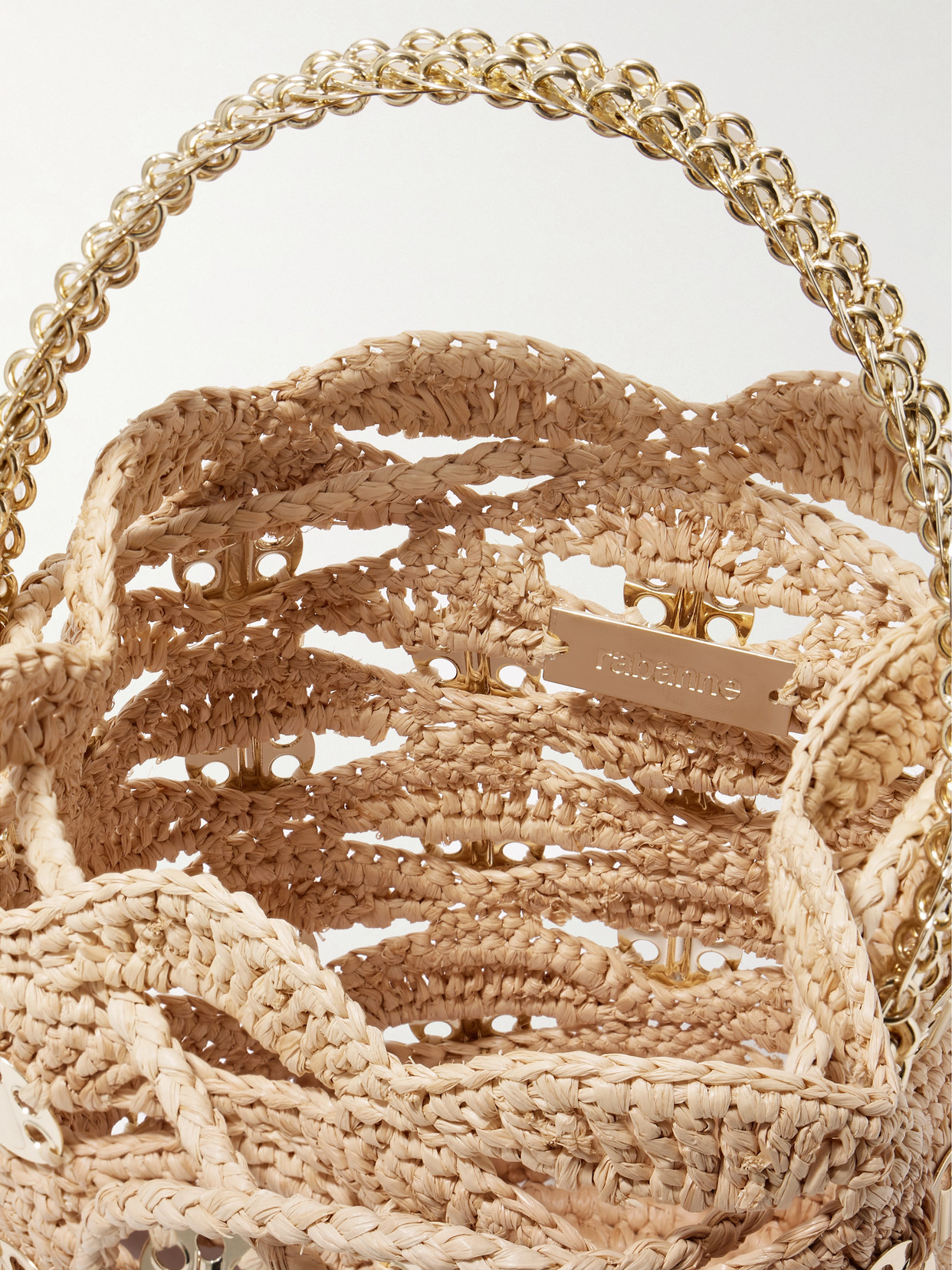 Rabanne Chainmail-embellished Raffia Bucket Bag In Gold