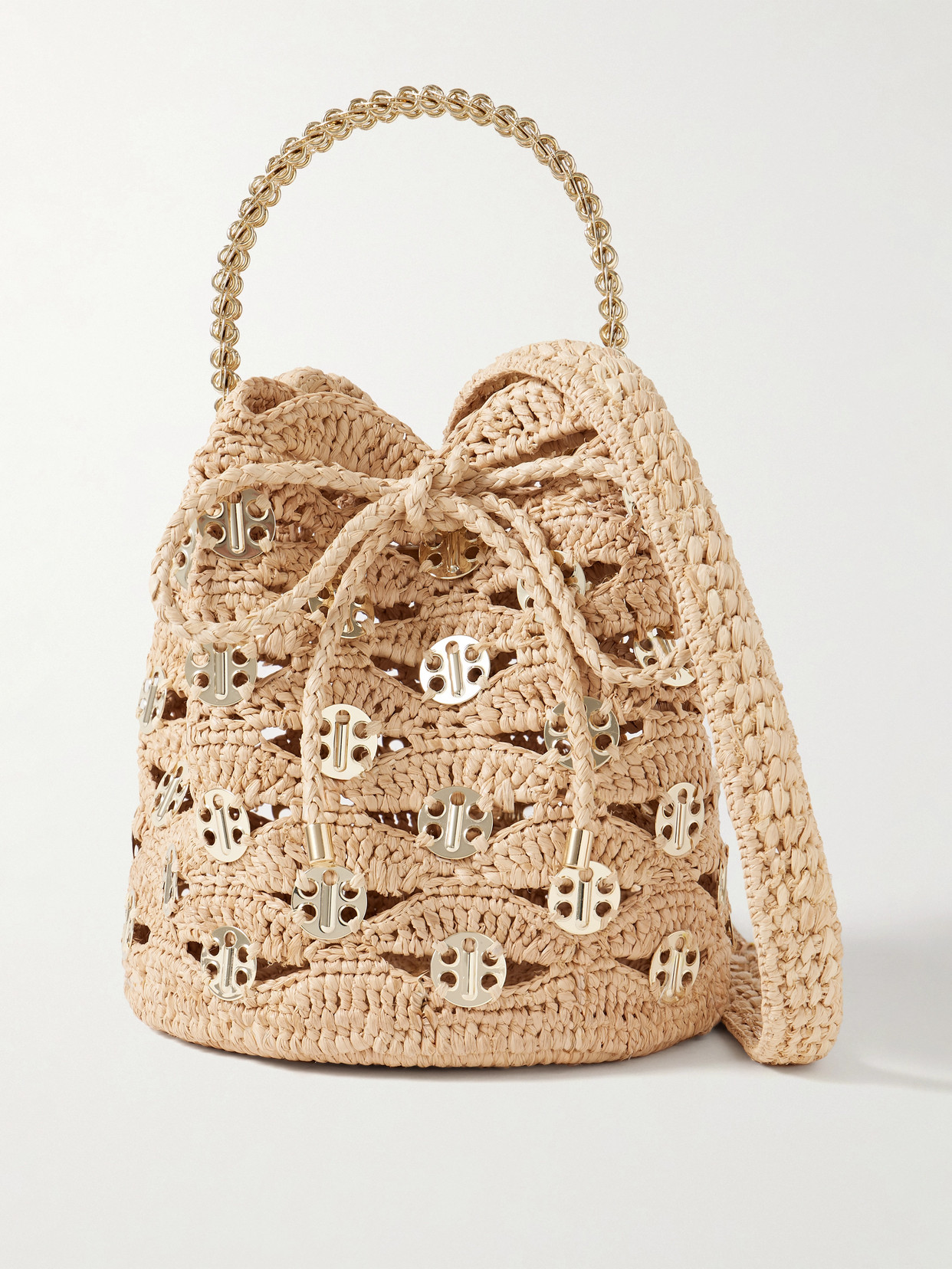 Rabanne Chainmail-embellished Raffia Bucket Bag In Gold