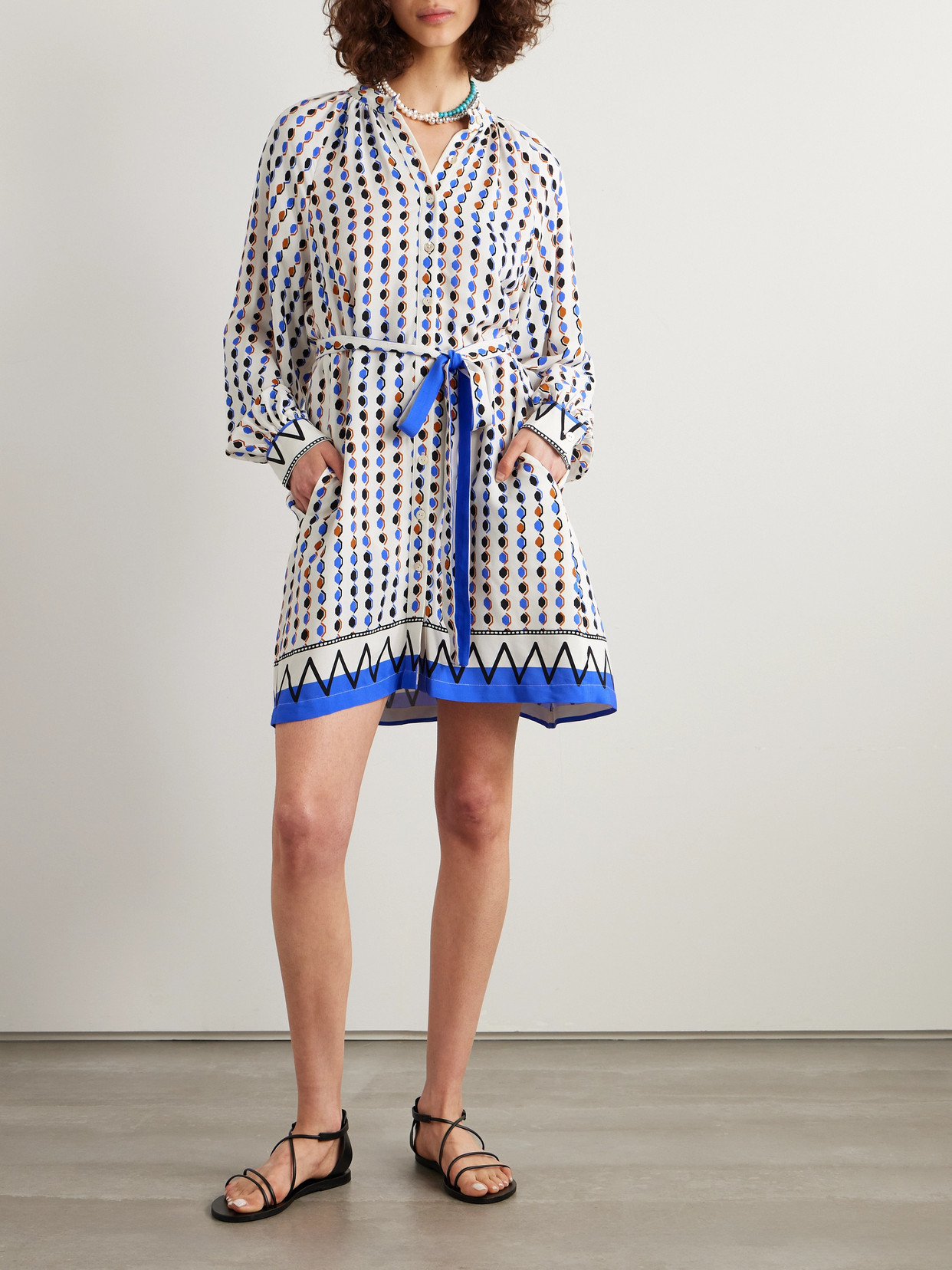 Lemlem Meaza Belted Printed Ecovero™-satin Mini Dress In Blue