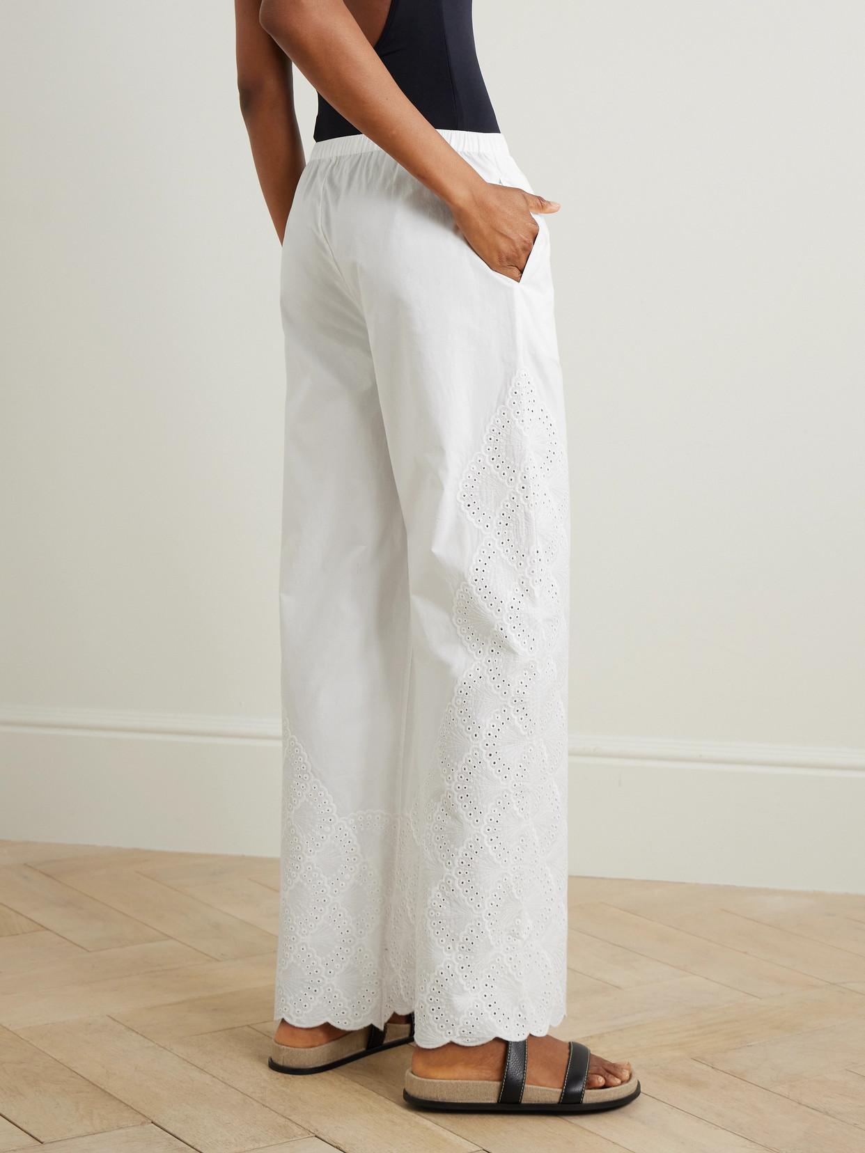 Loulou Studio Dulche Scalloped Broderie Anglaise Cotton-poplin Straight-leg Pants In Ivory