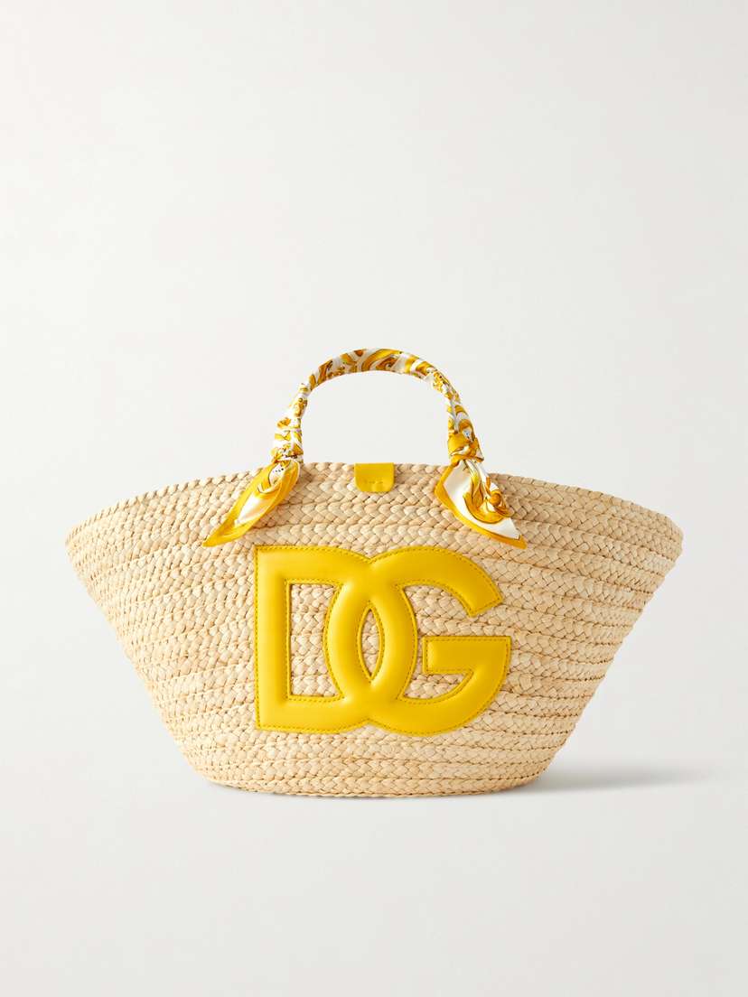 Dolce & Gabbana Maiolica Kendra Large Leather And Twill-trimmed Raffia Tote Bag