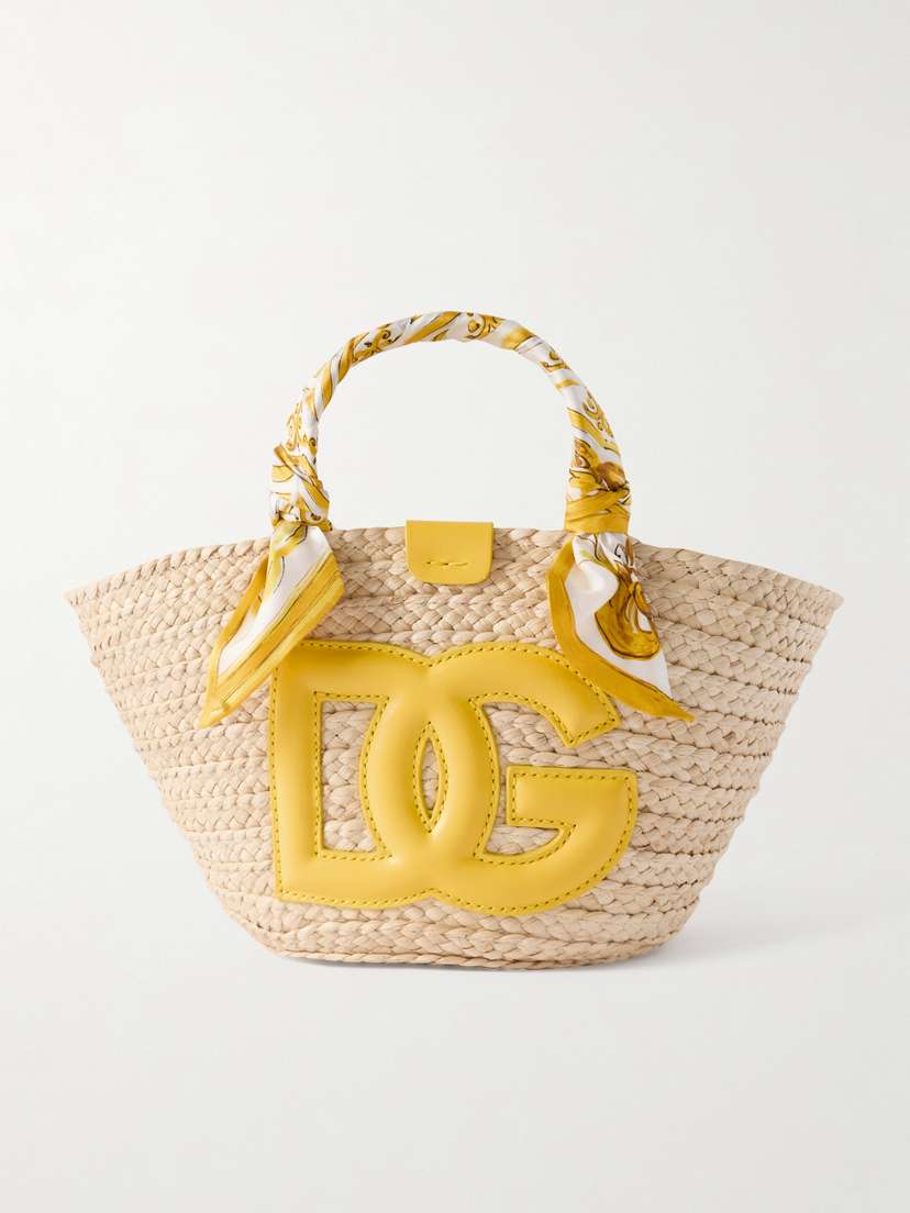 Dolce & Gabbana Maiolica Leather And Twill-trimmed Raffia Tote Bag