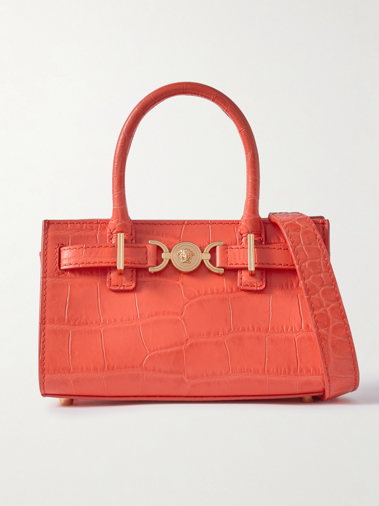 Versace Embellished Croc-effect Leather Tote In Orange