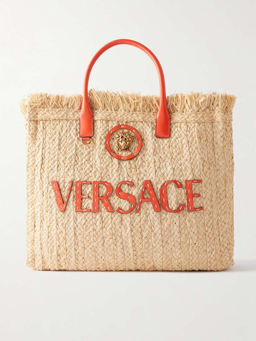 Versace Appliquéd Embellished Leather-trimmed Raffia Tote