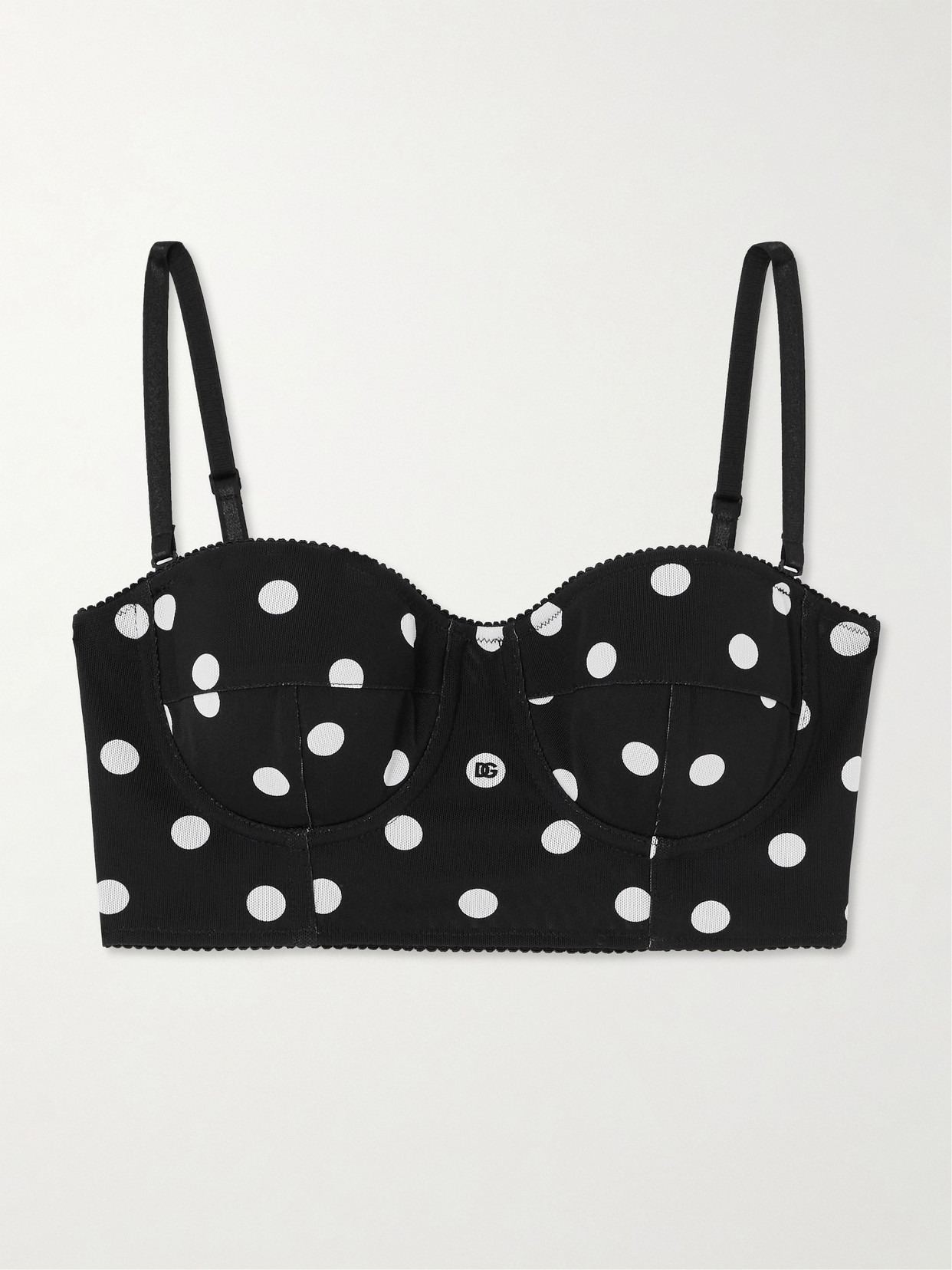 Dolce & Gabbana Printed Polka-dot Mesh Bustier Top In Black