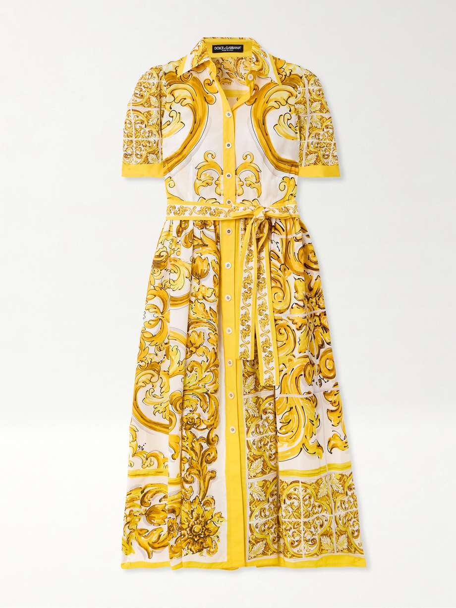 maiolica belted pleated printed cotton-poplin midi dress
