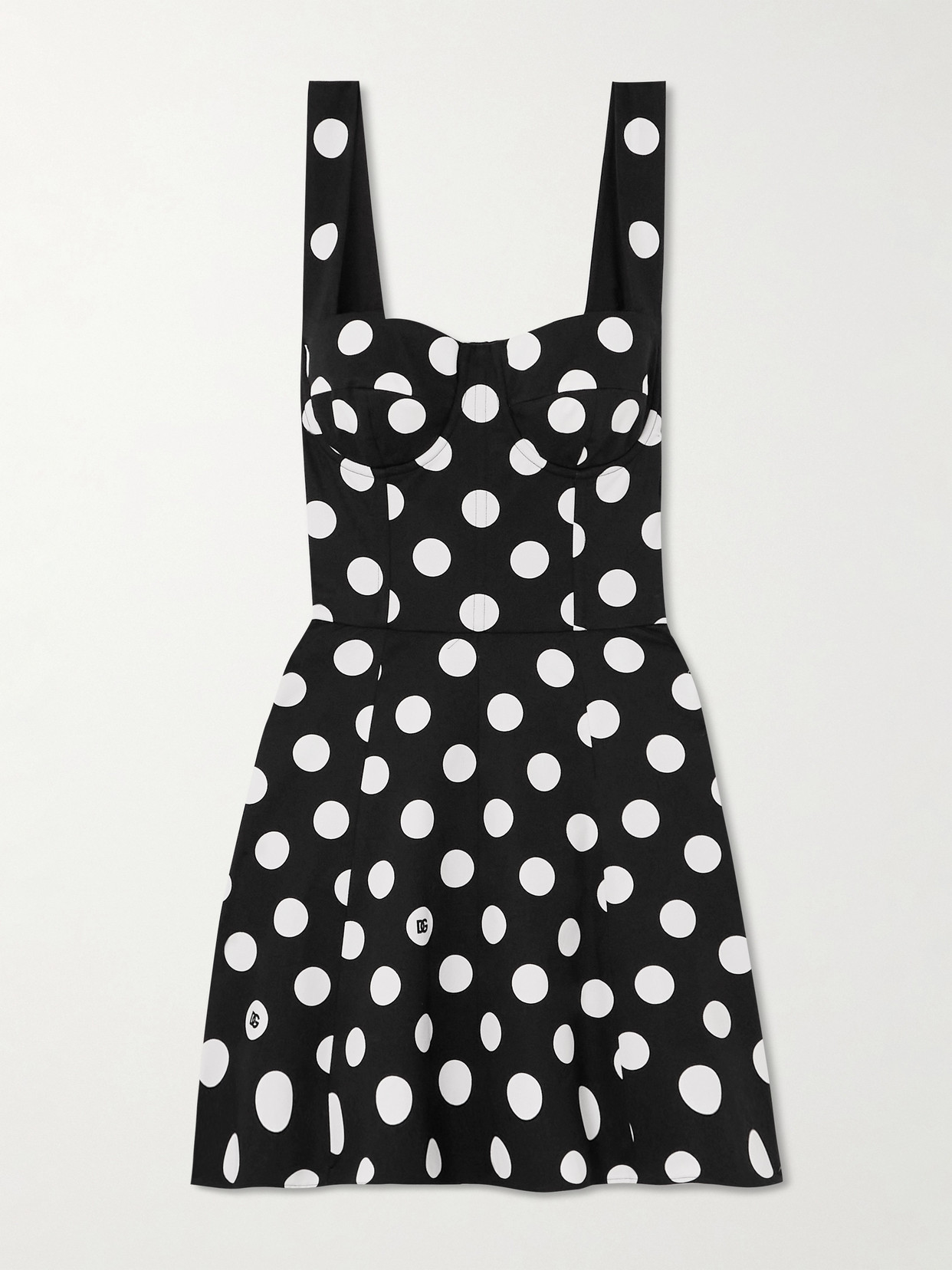 Dolce & Gabbana Black And White Corset Minidress With Polka-dots Print In Cotton Drill Woman In Black