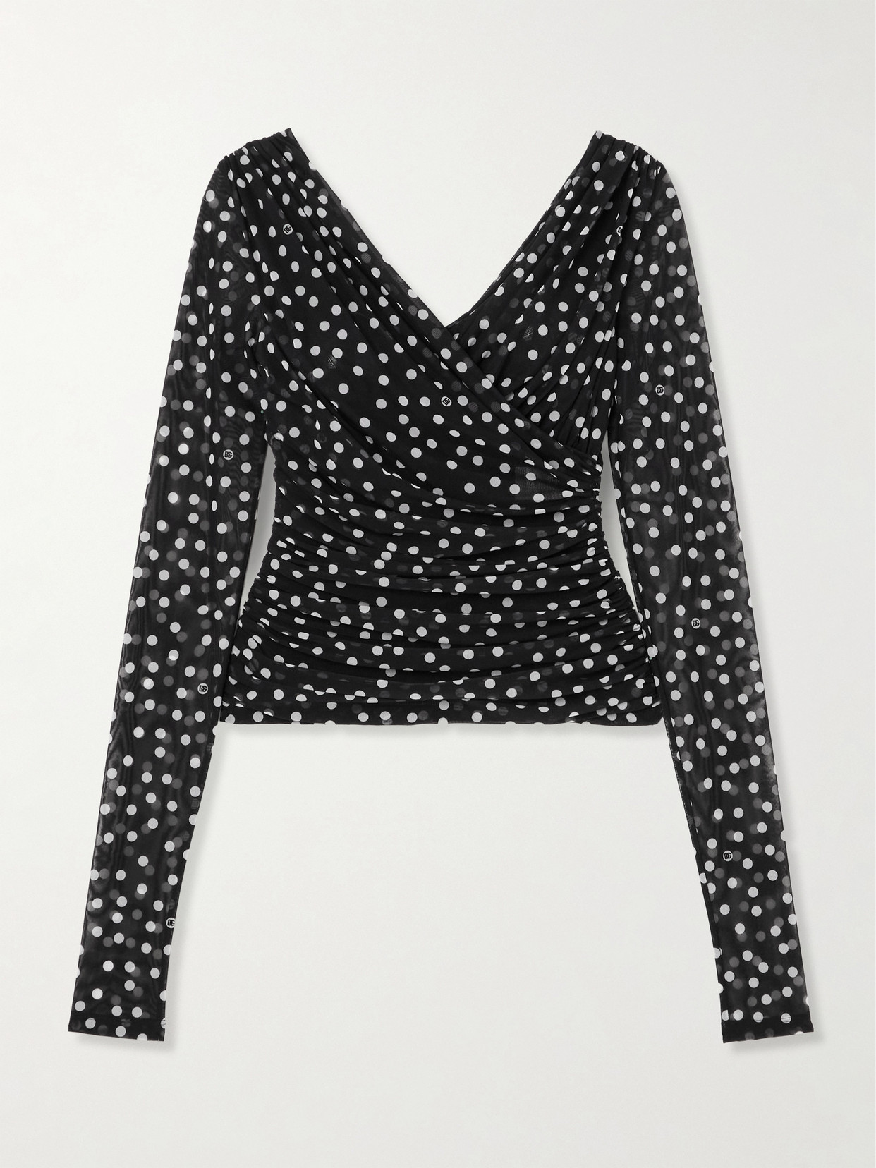 Dolce & Gabbana Ruched Wrap-effect Printed Polka-dot Tulle Blouse In Black