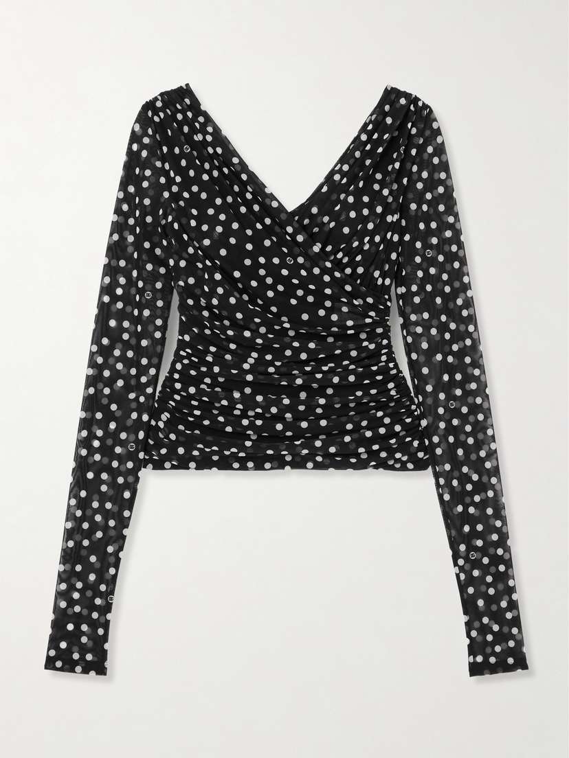 Dolce & Gabbana Ruched Wrap-effect Printed Polka-dot Tulle Blouse