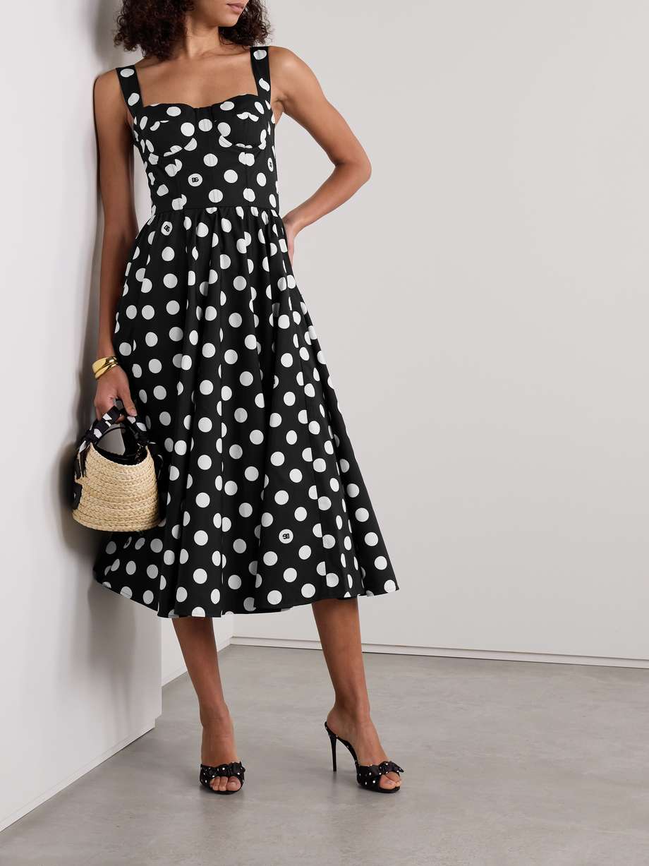 pleated polka-dot cotton-poplin midi dress