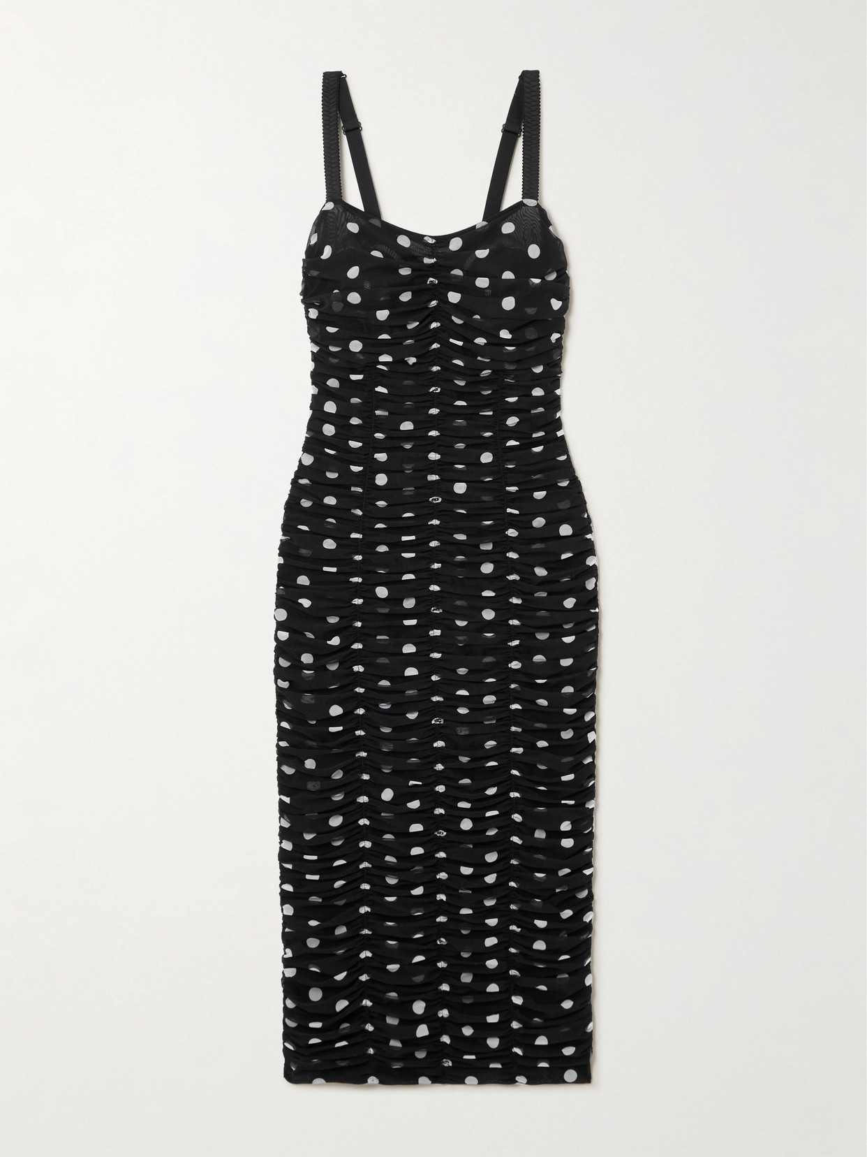 Shop Dolce & Gabbana Ruched Polka-dot Tulle Midi Dress In Black