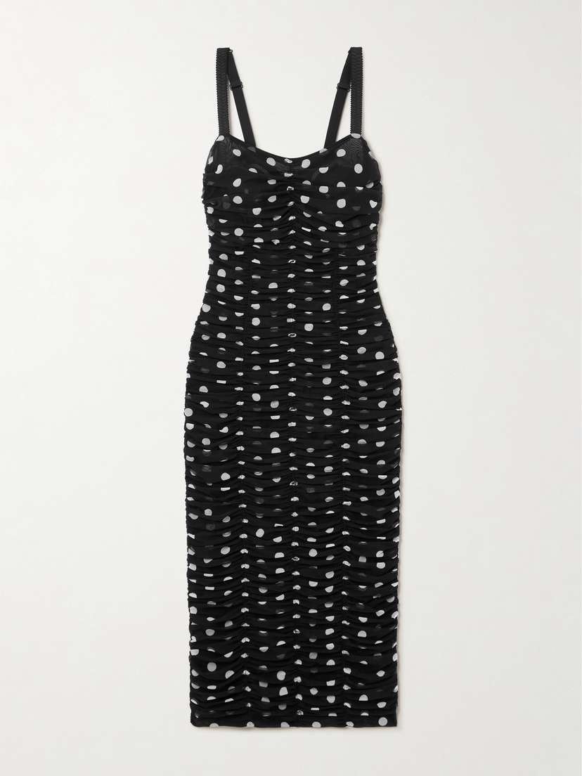 Dolce & Gabbana Ruched Polka-dot Tulle Midi Dress