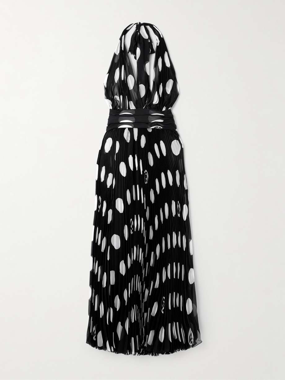 halterneck polka-dot silk plissé-chiffon midi dress