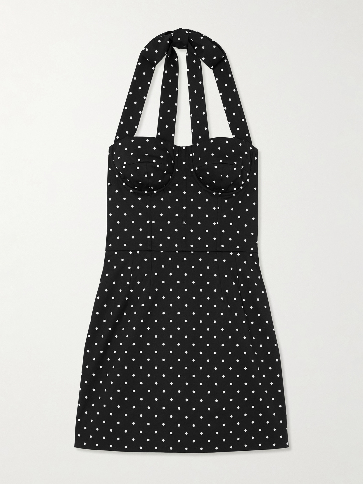 Dolce & Gabbana Printed Polka-dot Cotton-blend Drill Halterneck Mini Dress In Black