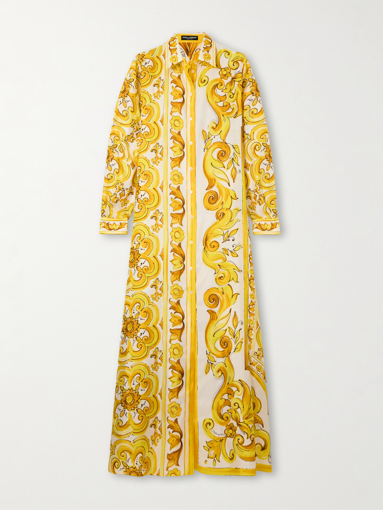 Dolce & Gabbana Printed Silk-twill Maxi Shirt Dress In Yellow