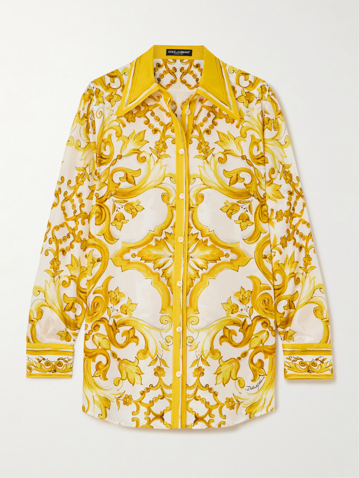Dolce & Gabbana Majolica Print Long-sleeved Silk Shirt In Yellow