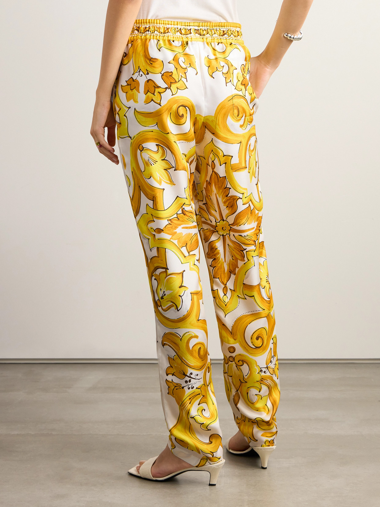 Dolce & Gabbana Maiolica Printed Silk-twill Pants In Yellow