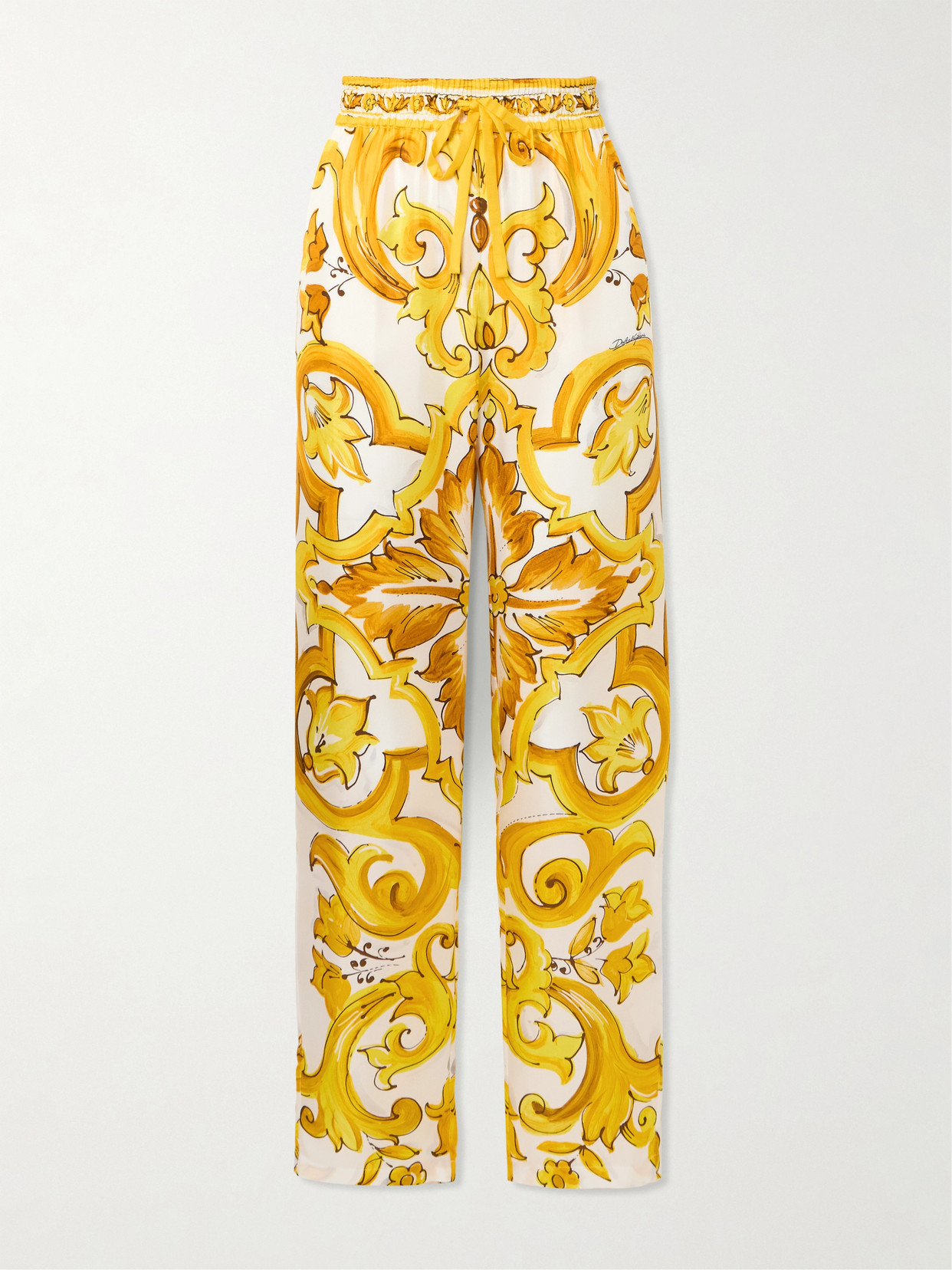 Dolce & Gabbana Maiolica Printed Silk-twill Pants In Yellow