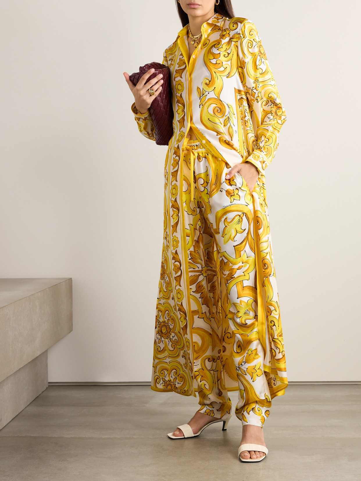 Dolce & Gabbana Maiolica Printed Silk-twill Pants In Yellow
