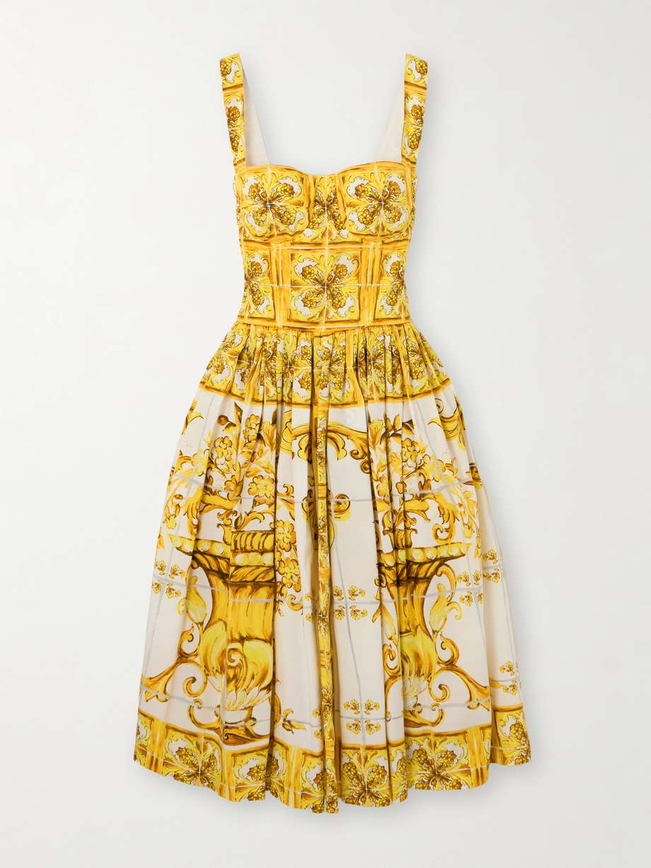 maiolica pleated printed cotton-poplin midi dress