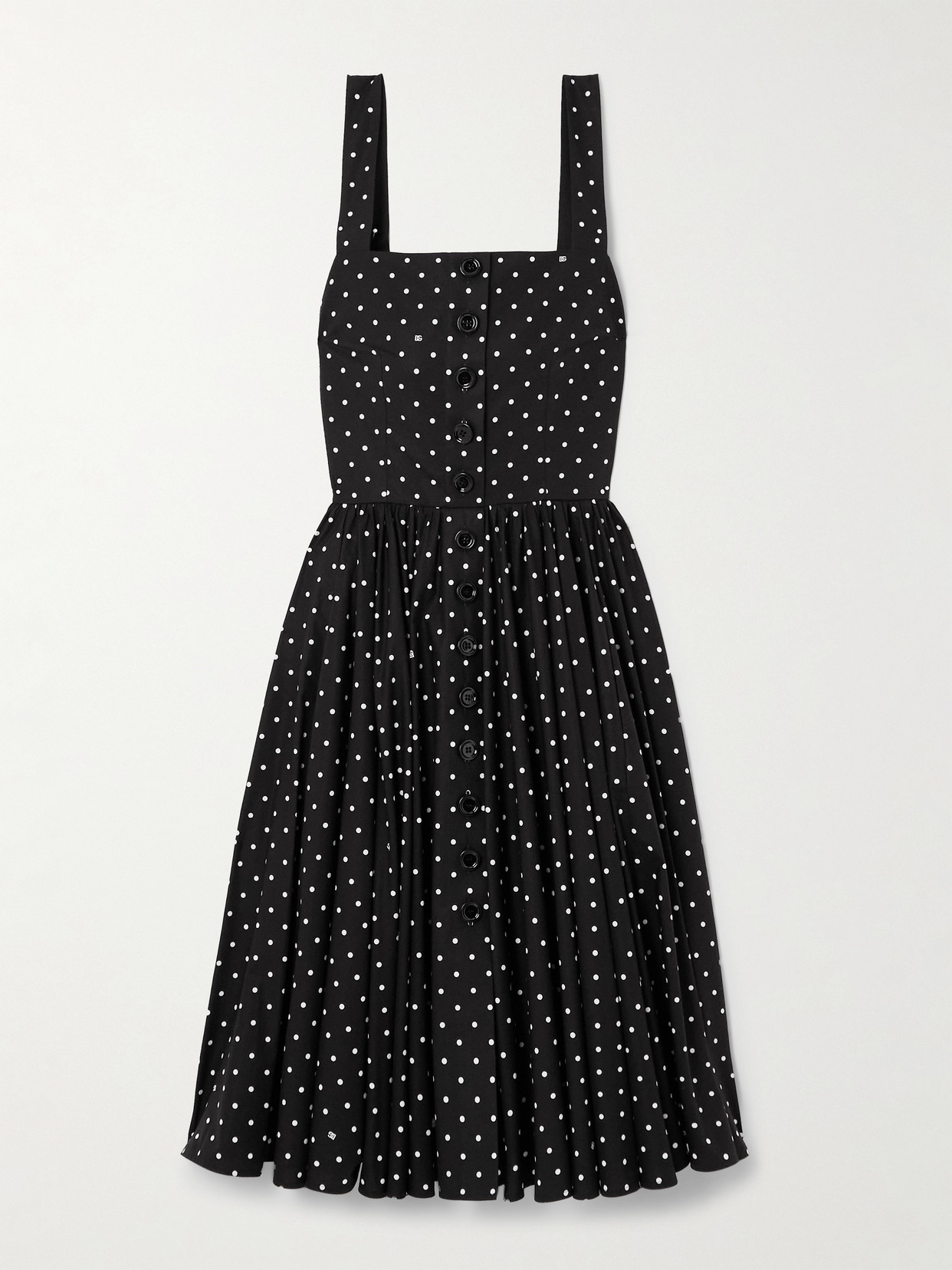 Dolce & Gabbana Dg Polka Dot Sleeveless Button-front Cotton Popeline Midi Sundress In Black