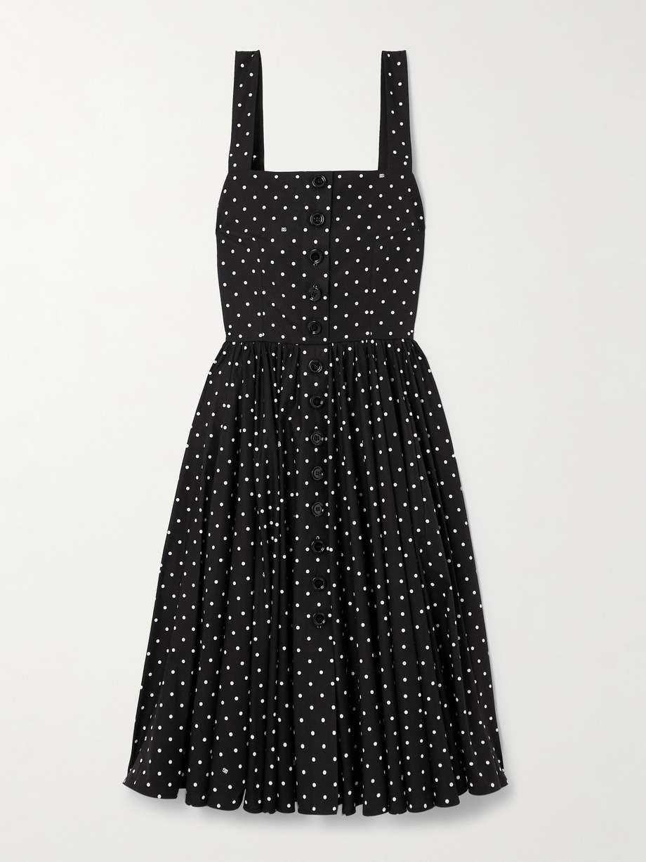 gathered polka-dot cotton-poplin midi dress