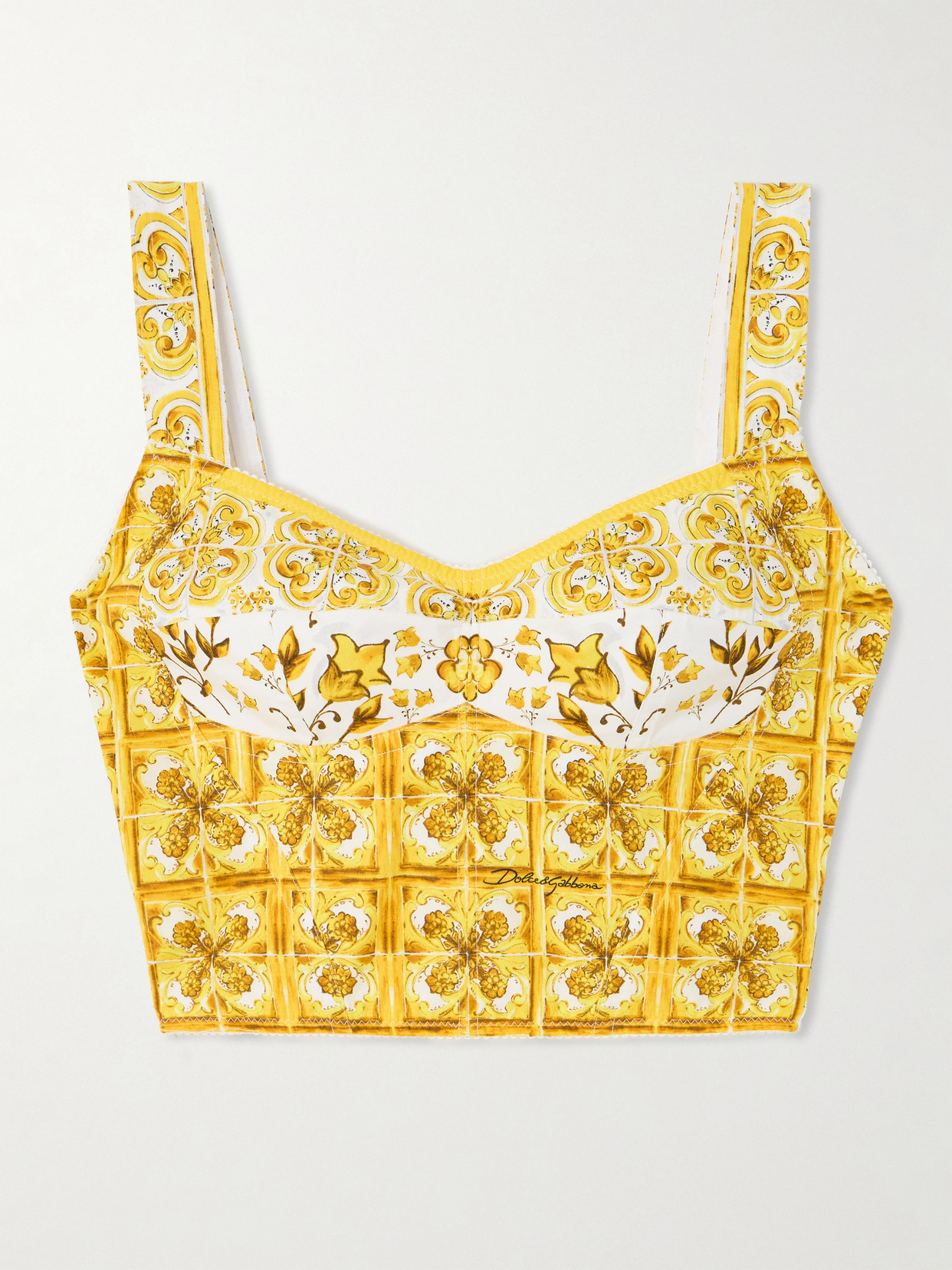 Dolce & Gabbana Maiolica Printed Cropped Cotton-blend Poplin Corset Top In Yellow