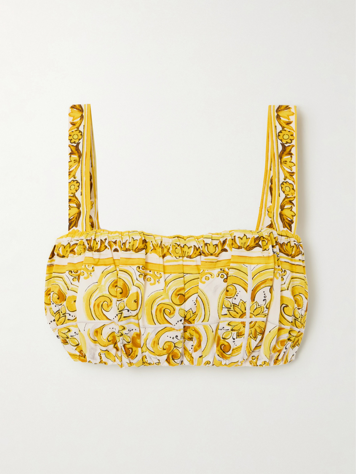 Dolce & Gabbana Maiolica Cropped Gathered Printed Cotton-poplin Top In Yellow