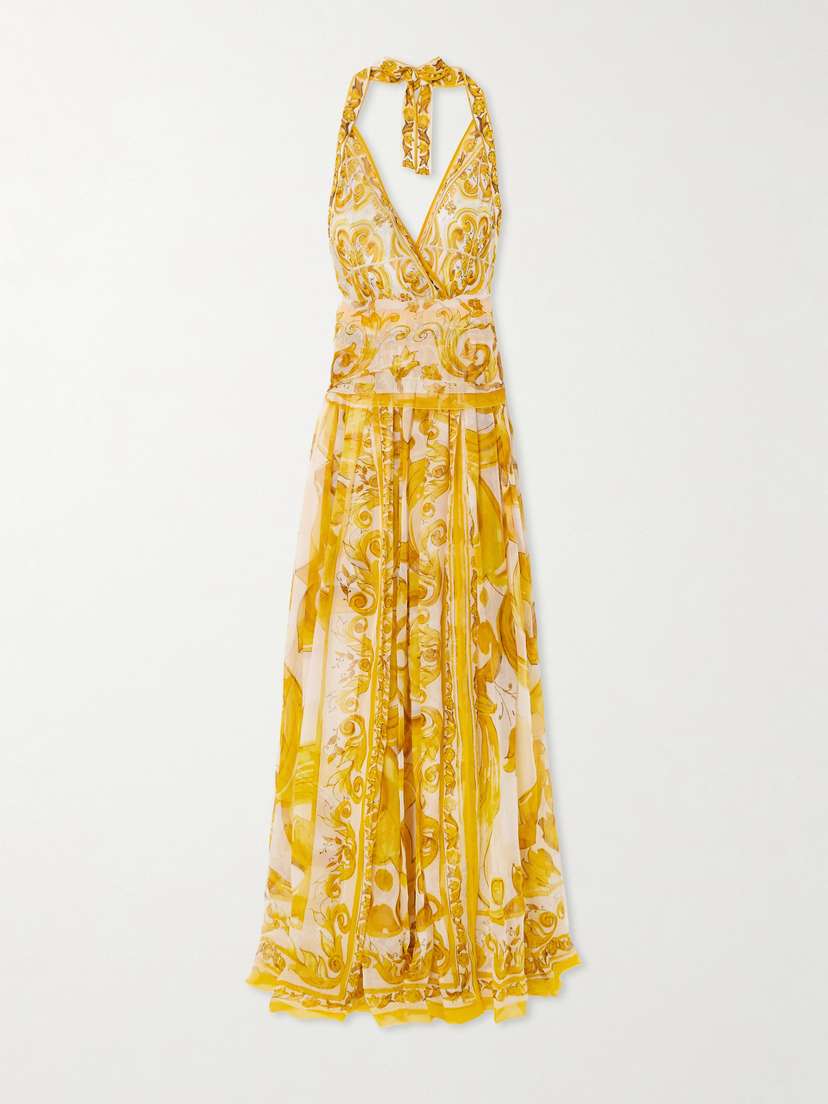 Dolce & Gabbana Maiolica Open-back Pleated Printed Silk-chiffon Halterneck Maxi Dress