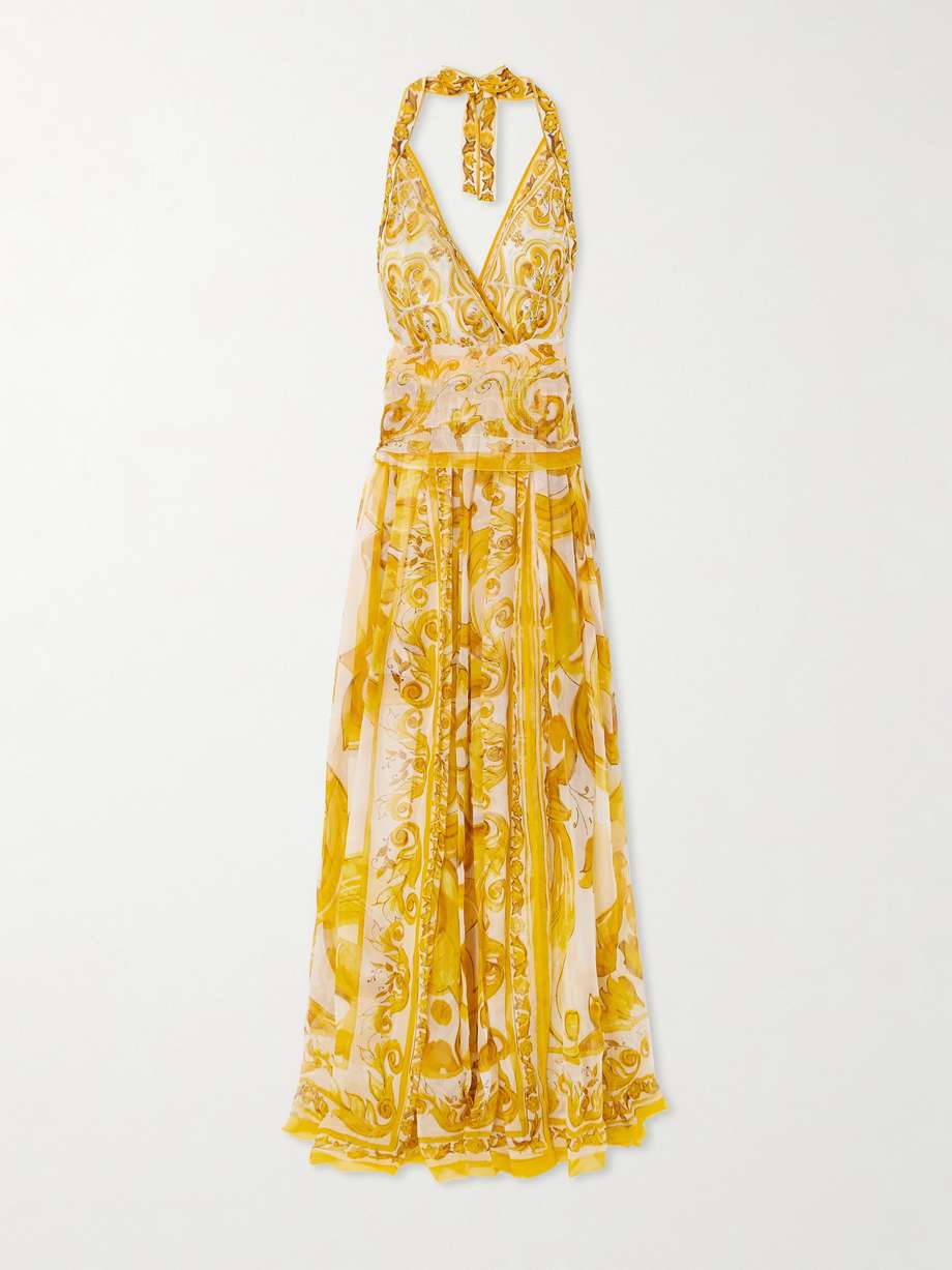 maiolica open-back pleated printed silk-chiffon halterneck maxi dress
