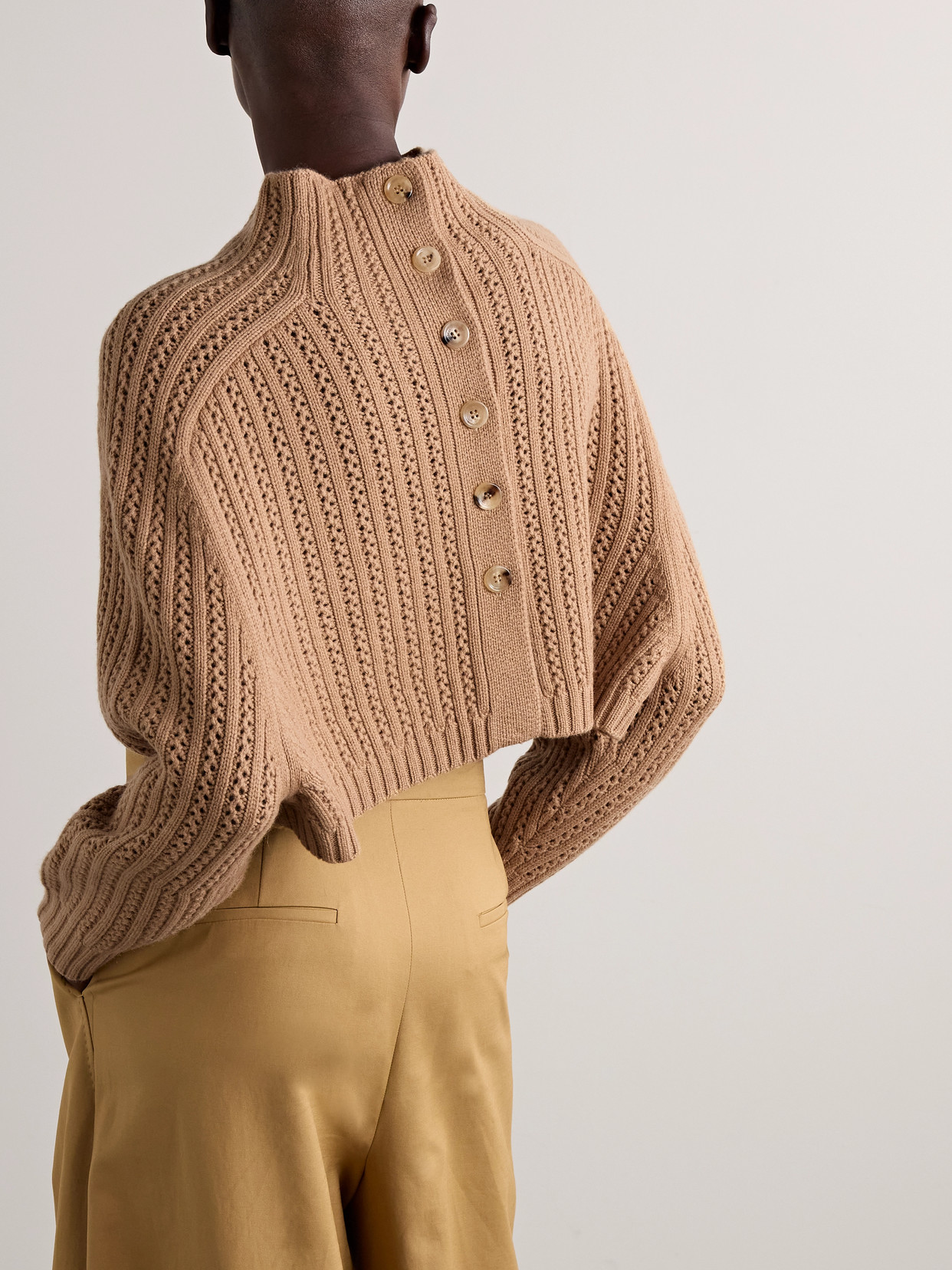 Max Mara Hodeida Ribbed Pointelle-knit Wool And Cashmere-blend Sweater In Neutrals