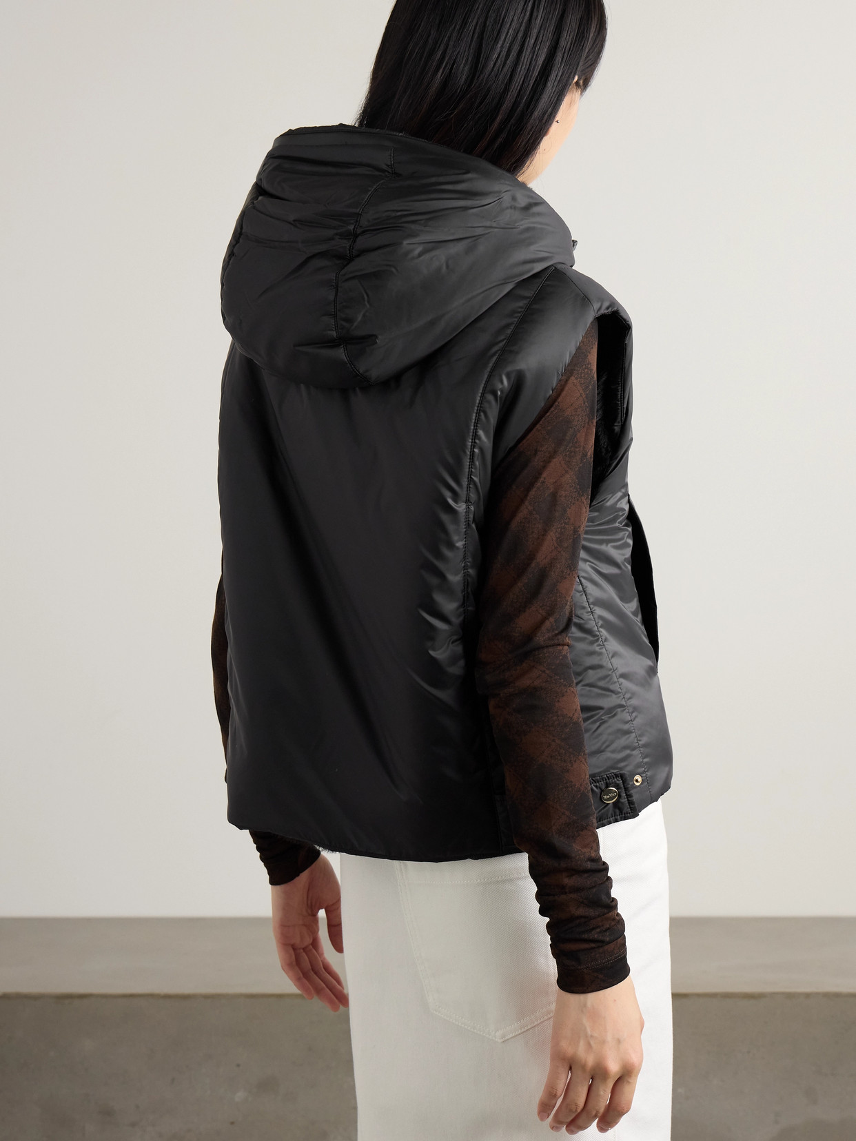 Max Mara The Cube Felix Faux Leather-trimmed Padded Shell Hooded Vest In Black