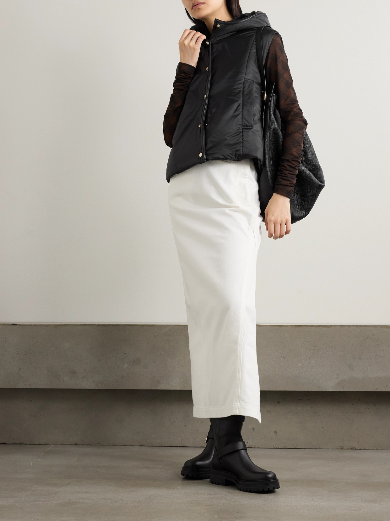 Max Mara The Cube Felix Faux Leather-trimmed Padded Shell Hooded Vest In Black