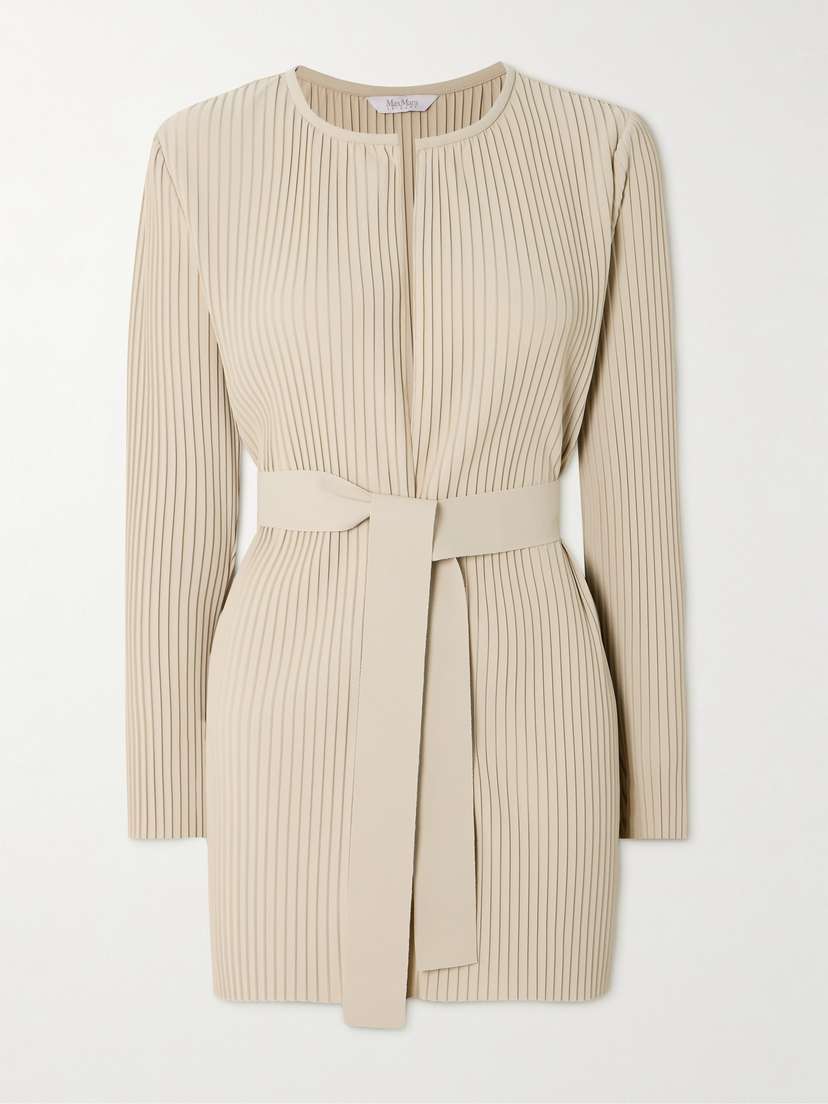 Max Mara Belted Plissé-crepe Cardigan