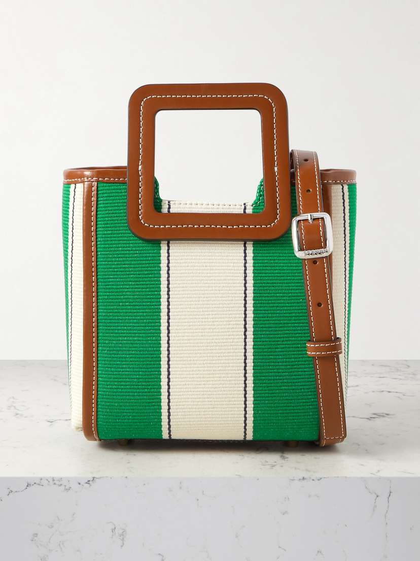 Staud Shirley Mini Striped Leather-trimmed Canvas Tote