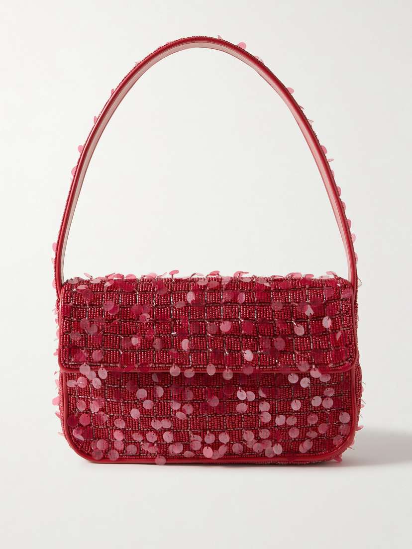 Staud Tommy Beaded Faux Leather-trimmed Embellished Satin Shoulder Bag