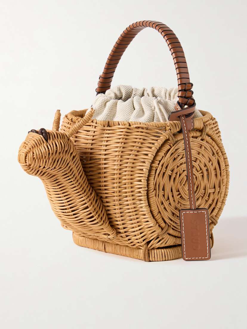 Staud Escargot Leather-trimmed Wicker And Canvas Tote