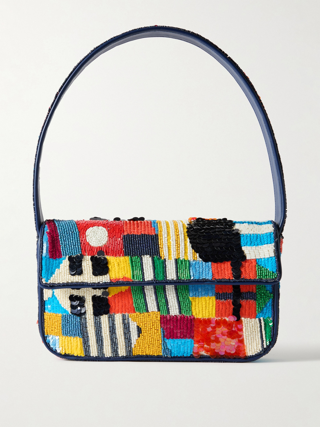 STAUD TOMMY BEADED FAUX LEATHER-TRIMMED SATIN SHOULDER BAG
