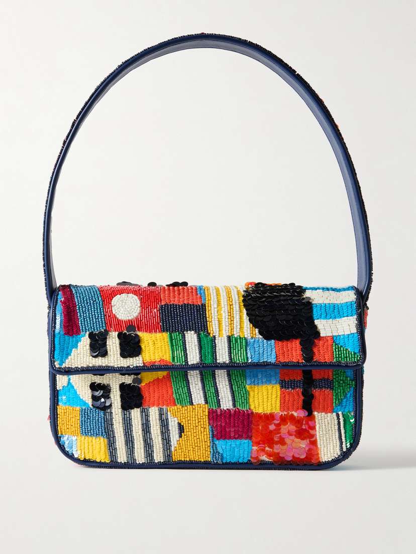 Staud Tommy Beaded Faux Leather-trimmed Satin Shoulder Bag